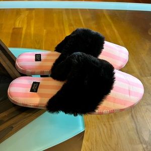 New! Victoria's Secret Signature Satin Slippers Pink Stripe with Faux Fur